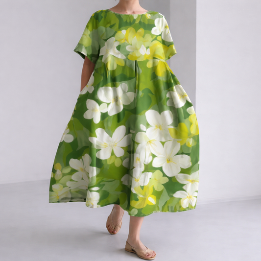 グリーン×ホワイトフラワーワンピース